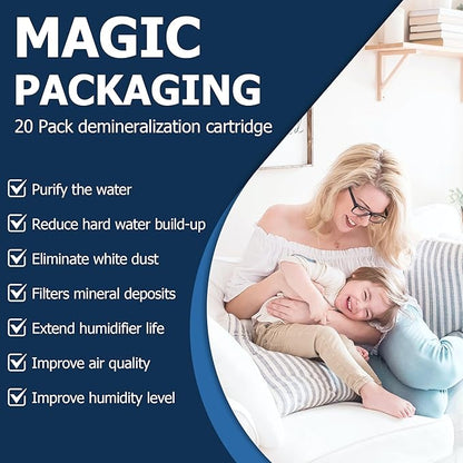 Funmit Demineralization Cartridge for HoMedics Ultrasonic Humidifiers, 20-Pack Demineralization Cartridges Filter Replacement, Prevents Hard Water Build-Up, Filters Mineral Deposits, Purifies Water