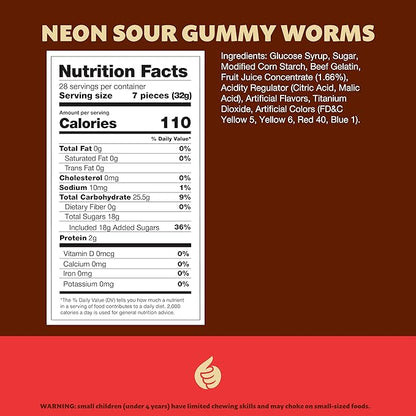 Neon Sour Gummy Worms | 2-Pound Pack | Assorted Fruit Flavored Candy | Soft and Chewy Sour Candy Bulk | Colorful Gummies for Party Favors and Goody Bags