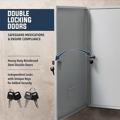 Durabox 2-Door Narcotics Cabinet - Double Door & Dual Key Lock Steel Cabinet for Safe Storage of Medicine, Prescription Drugs, Medical Supplies and More, 16"W x 24"H x 7-3/4"D (Grey, Large)