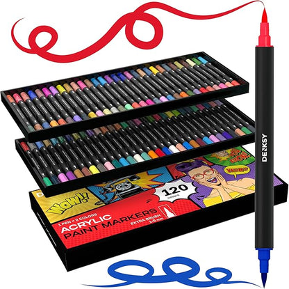 Acrylic paint pens create art – Dual Brush Tip Acrylic Markers Set, Waterproof Quick-Drying Ink for Rock Painting, Glass, Wood, Fabric (120)