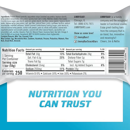 JiMMYBAR! - Sea Salt Caramel Cookies N' Cream - 19g High Protein Bars - 7g Sugar - 12 Count - 58g Health Bars - Natural Peanut Butter Core - Caffeinated Protein Bar For Energy- Hand Drizzled Chocolate