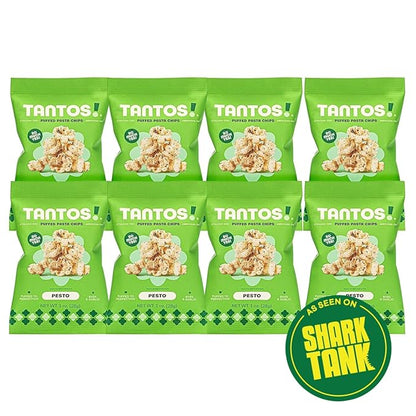 Tantos! Puffed Pasta Chips, Healthy Pasta Snack by Top Chef Joe Sasto, As Seen on Shark Tank, Plant Based, Low Calorie, Crunchy Chips, Variety Pack, Marinara, Pesto, Cacio e Pepe, Classico, Gourmet Bold Flavors, 1 oz 8 Pack of Pesto