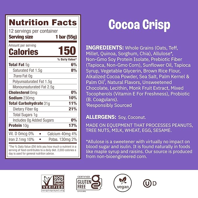 Munk Pack Probiotic Protein Bars Stocking Stuffers - Cocoa Crisp | 10g Plant Protein, 1g Sugar, 6g Fiber | Diabetic-Friendly Ideal Breakfast Bars - On-the-Go Snacks, Gluten-Free, Non-GMO | 12 Count