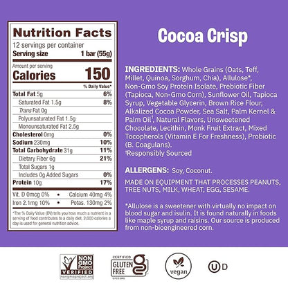 Munk Pack Probiotic Protein Bars Stocking Stuffers - Cocoa Crisp | 10g Plant Protein, 1g Sugar, 6g Fiber | Diabetic-Friendly Ideal Breakfast Bars - On-the-Go Snacks, Gluten-Free, Non-GMO | 12 Count