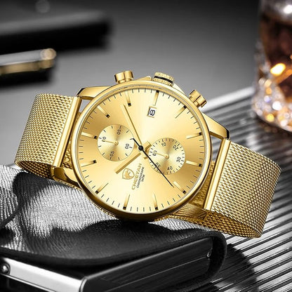 GOLDEN HOUR Mens Watch Fashion Sleek Minimalist Quartz Analog Mesh Stainless Steel Waterproof Chronograph Watches for Men with Auto Date