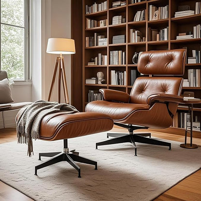 Mid Century Chaise Lounge Chair with Ottoman, Top Black Grain Leather, Modern Office Chair Classic Design, Heavy Duty Base Support for Living Room Study Lounge Office