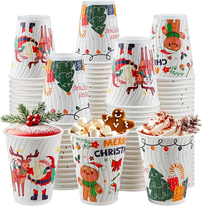 Christmas Coffee Cups 12 oz 120 Pack Corrugated Insulated Ripple Wall Disposable Paper Coffee Cups 12oz, To Go for Hot Beverage or Cold Drinks Office/Home/Cafe/Party/Travel