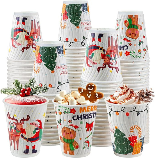 Christmas Coffee Cups 12 oz 120 Pack Corrugated Insulated Ripple Wall Disposable Paper Coffee Cups 12oz, To Go for Hot Beverage or Cold Drinks Office/Home/Cafe/Party/Travel