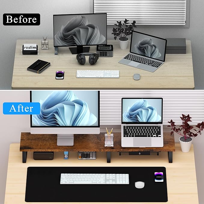 Vintage Wooden Dual Monitor Stand - 2 Monitor Riser with Metal Legs & Drawer, Office Desk Organizer