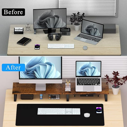 Vintage Wooden Dual Monitor Stand - 2 Monitor Riser with Metal Legs & Drawer, Office Desk Organizer