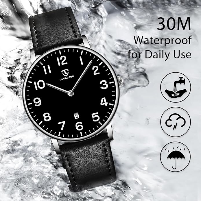 L LAVAREDO Watch for Men, Extremely Thin Mens Watches Minimalist Analog Men's Leather Wrist Watches with Time/Date, Birthday Gift for Men Boyfriend