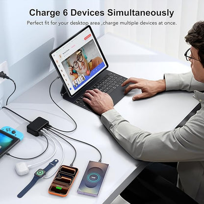 [2026 Updated] USB C Fast Charger, 100W GaN 6 Port Type C Charging Station Hub Block Cube, USB C Wall Charger Power Strip Adapter Plug for iPad iPhone 17 16 15 14 Pro Max Pixel Note Galaxy, 5ft Cord