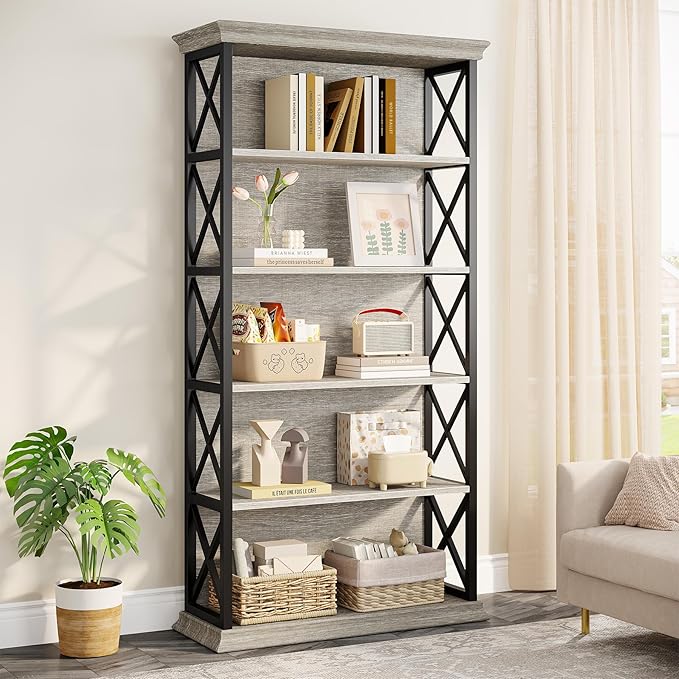 Tribesigns 6-Tier Bookcase, 71 Inches Industrial Bookshelves and Bookcases, Floor Standing 5 Shelf Display Storage Shelves Tall Bookcase for Home Office, Living Room, Bed Room, Grey and Black