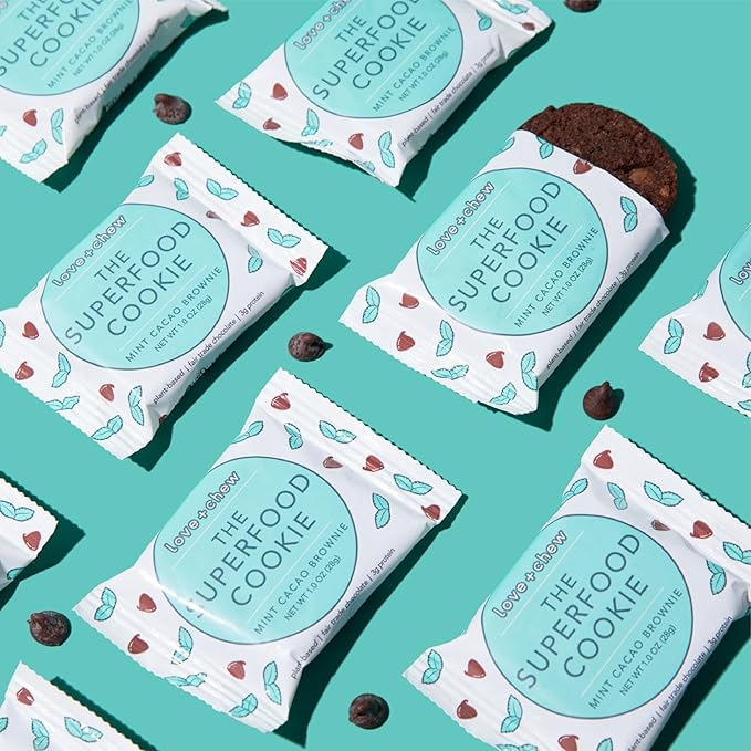 Love + Chew Superfood Soft Baked MINI Cookies, Mint Cacao Brownie Flavor, Plant Based Cookie Made With Almonds & Dark Chocolate for Kids and Adults, Vegan Snacks, Gluten Free, Paleo, Non GMO, 18 Pack