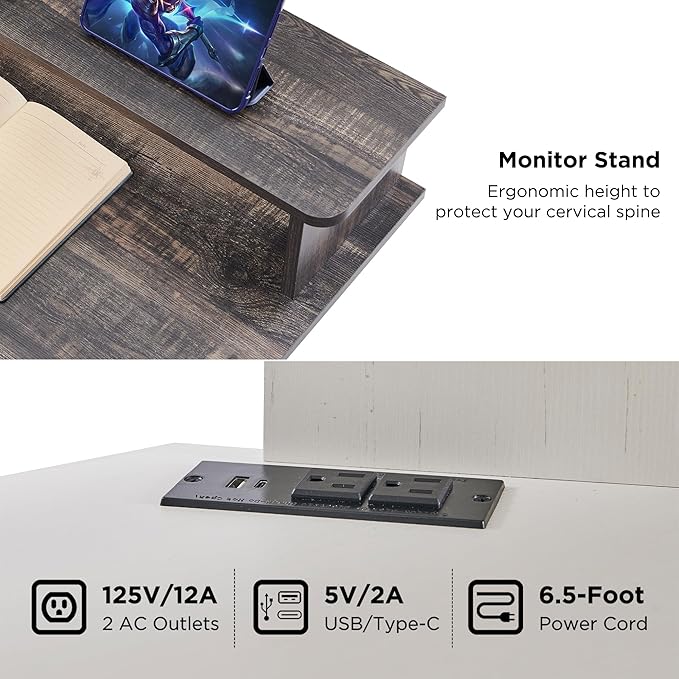 T4TREAM 60" Electric Standing Desk - L Shaped Desk with Monitor Stand, Charging Station & Remote Light, Home Office & Gaming Corner Computer Desk, Dark Rustic Oak
