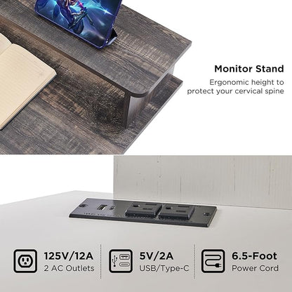 T4TREAM 60" Electric Standing Desk - L Shaped Desk with Monitor Stand, Charging Station & Remote Light, Home Office & Gaming Corner Computer Desk, Dark Rustic Oak
