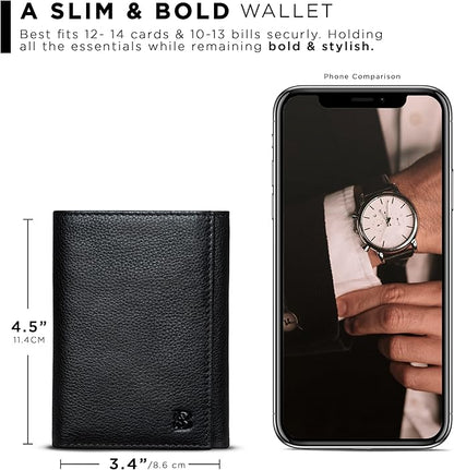 SERMAN BRANDS Trifold Wallet for Men - RFID Blocking Genuine Leather, 11 Card Slots & ID Window, Slim Everyday Carry, Durable Stitching, Gift for Him
