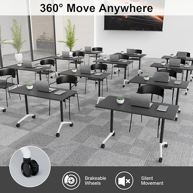 Folding Conference Table, 6 Pack Foldable Rolling Conference Room Tables Meeting Seminar Table Modern Conference Training Table for Office Classroom(Black, 55IN, 8)