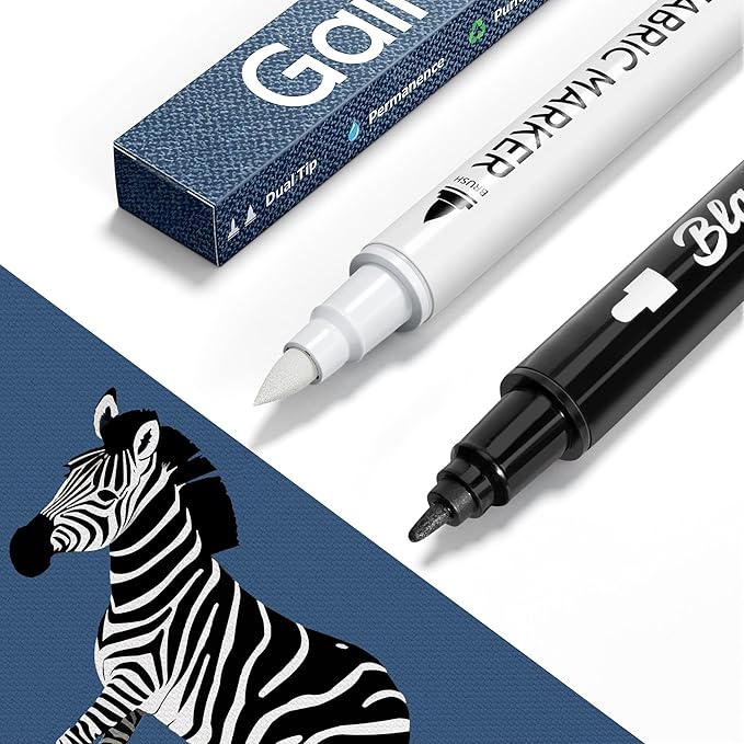 Fabric Marker for Clothes 2PCS - Wash-Resistant, No Bleed, Quick Dry Professional Dual Tip Pen - Permanent Paint for Clothing, Canvas Cover Stains - DIY Art Crafting White &Black