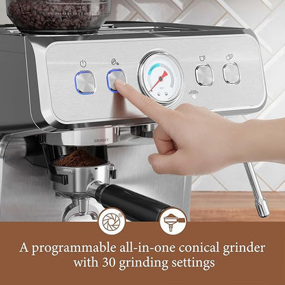 Kndko 20 Bar Espresso Machine with Grinder, Automatic Espresso Maker with PID Control & Milk Frother Steam Wand, Removable Water Tank – Barista-Style Lattes & Cappuccinos at Home (Silver)
