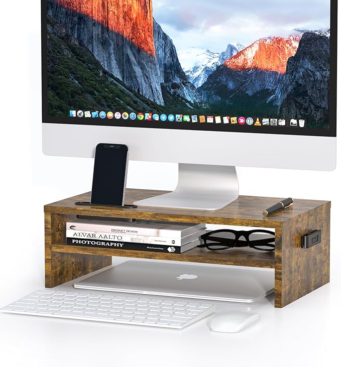 BONTEC Wooden Monitor Stand Riser, 2-Tier Desk Shelf with Storage Organizer, Ergonomic Computer Stand with Cable Management, Cellphone Holder, Vintage Brown, 16.5 Inch