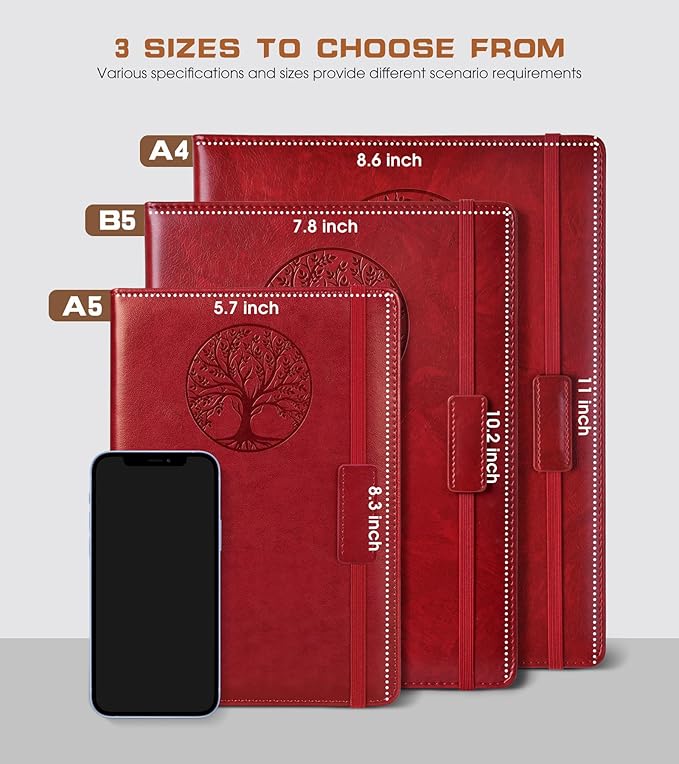 Lined Journal Notebook for Women Men,256 Pages A4 Large Hardcover Leather Journals for Writing,Travel,Business,Work,School,College Ruled Notebooks for Note Taking,Diary Notepad 8.6"×11"(Wine red)