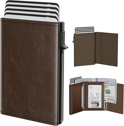 typecase Mens Wallet Card Holder: Pop Up Aluminum Case, Genuine Leather, Smart, RFID Blocking, Slim, Minimalist, Front Pocket - 9-14 Card Capacity | ID Window | Cash Slot (Black Brown)