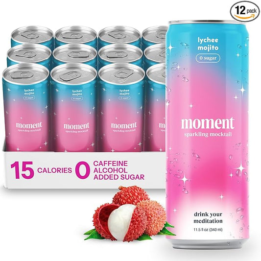 Moment Mocktails Non Alcoholic Drinks (Shark Tank) | SPARKLING Lychee Mojito Adaptogen Drink | L-Theanine & Ashwagandha for Calm & Clarity | 0 Added Sugar 0 Caffeine | 12-pack