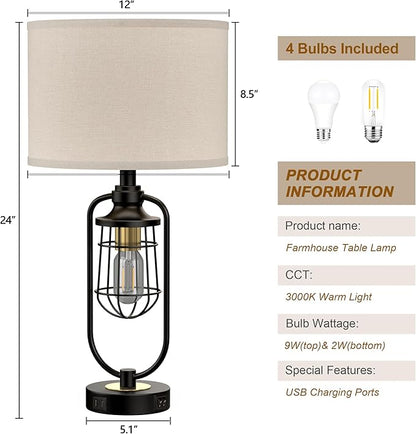 Table Lamps for Living Room Set of 2, Farmhouse Lamps for Night Stands, Industrial Bedside Lamps for Bedroom End Table with USB A+C, Bulbs Included