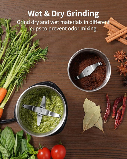 SHARDOR Coffee Grinder Electric Herb/Wet Grinder for Spices and Seeds with 2 Removable Stainless Steel Bowls, Silver