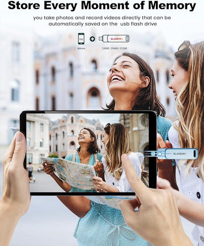 MFi Certified 512GB Flash Drive for iPhone Photo Stick, USB Memory Stick iPhone Flash Drive for Photos Videos, High Speed External Storage USB Stick Thumb Drive for iPhone/iPad/Android/PC(Sky Blue)