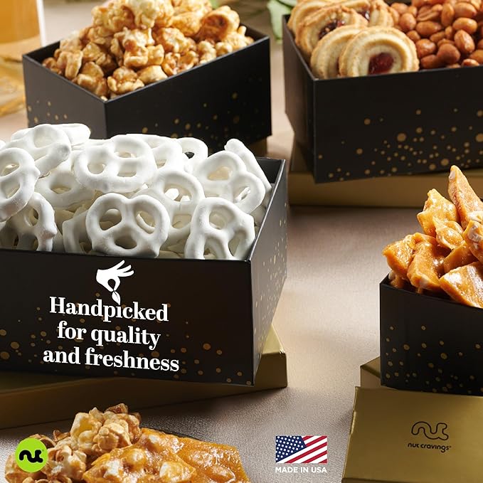 NUT CRAVINGS - Thanksgiving Chocolate Covered Pretzels & Caramel Popcorn Gift Basket, in Black Tower + Ribbon (8 Assortments) Holiday Xmas Christmas Healthy Snack Care Package