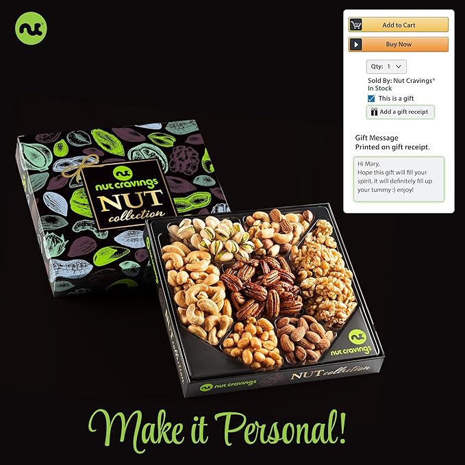 NUT CRAVINGS - Thanksgiving Nut Collection Gift Basket in Elegant Box (7 Assortments) Holiday Xmas Christmas Food Arrangement, Healthy Snack Care Package, Food Assortments