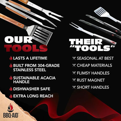 3 Piece BBQ Grilling Accessories Set - BBQ Tongs Spatula Fork Set - Heavy Duty Stainless Steel Barbecue Grill Tools with Solid Hard Wood Handles Great Gift Set