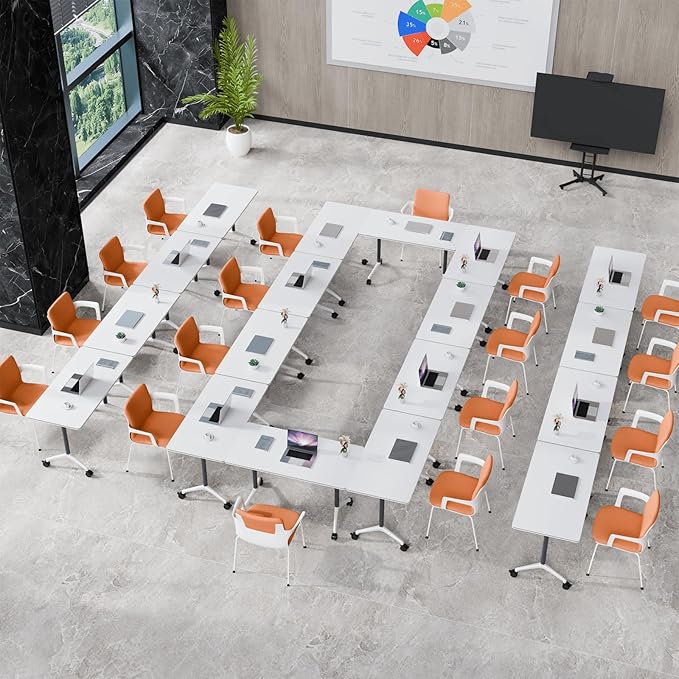 Folding Conference Table, Conference Room Tables Foldable Large Meeting Seminar Table on Wheels,Flip Top Boardroom Training Tables for Office, Classroom,Meeting (8, White2, 70.8)