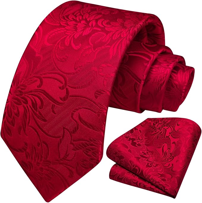 HISDERN Men Floral Ties Woven Classic 3.4" Necktie Set Formal Tie Pocket Square for Wedding with Handkerchief Gift Box