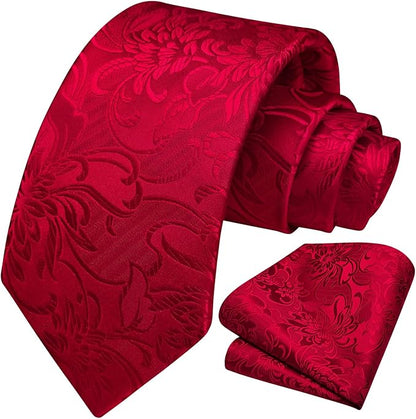 HISDERN Men Floral Ties Woven Classic 3.4" Necktie Set Formal Tie Pocket Square for Wedding with Handkerchief Gift Box