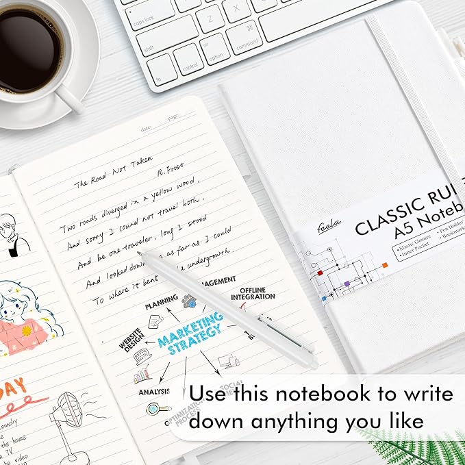 feela 3 Pack Notebooks Journals Bulk, Hardcover Notebook Classic Ruled Lined Journals with Pen Holder for Women Girls School Business Supplies, with 3 Black Pens, 120 GSM, 5.1”x8.3”, A5, White