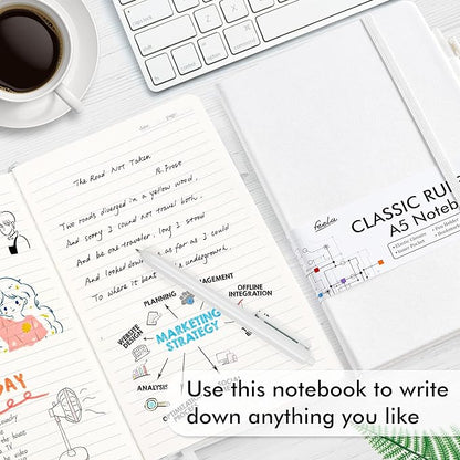 feela 3 Pack Notebooks Journals Bulk, Hardcover Notebook Classic Ruled Lined Journals with Pen Holder for Women Girls School Business Supplies, with 3 Black Pens, 120 GSM, 5.1”x8.3”, A5, White