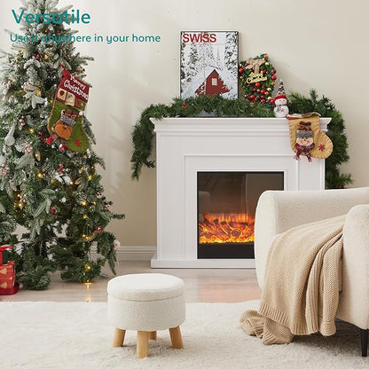 Small Foot Stool Ottoman with Storage, Sherpa Ottoman Foot Rest for Couch, Round Footstool with Storage, Small Ottomans and Footstools for Living Room and Entryway (White)