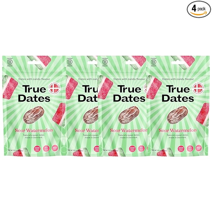 True Dates Candy Dates - Sour Watermelon - Dates With Candy Flavor, Vegan, No Added Sugar, Gluten Free - 3.5oz Bags (4 Pack)