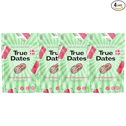 True Dates Candy Dates - Sour Watermelon - Dates With Candy Flavor, Vegan, No Added Sugar, Gluten Free - 3.5oz Bags (4 Pack)