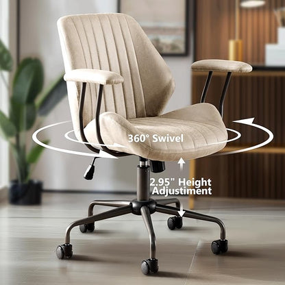 Mid Century Modren Office Chair - Fuax Leather Suede Brown Executive Chairs Ergonomic Mid Back with Lumbar Support, Swivel Computer Desk Task Chair with Wheels for Home Office (Beige, Mid Back)