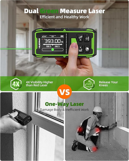 Huepar Dual Laser Measuring Tool, 393Ft Green-Beam Bilateral Digital Laser Distance Measure 6 Units Ft/in/M, Rechargeable Laser Measurement Tool -Backlit LCD Display, Length/Area/Volume/Angle Sensor