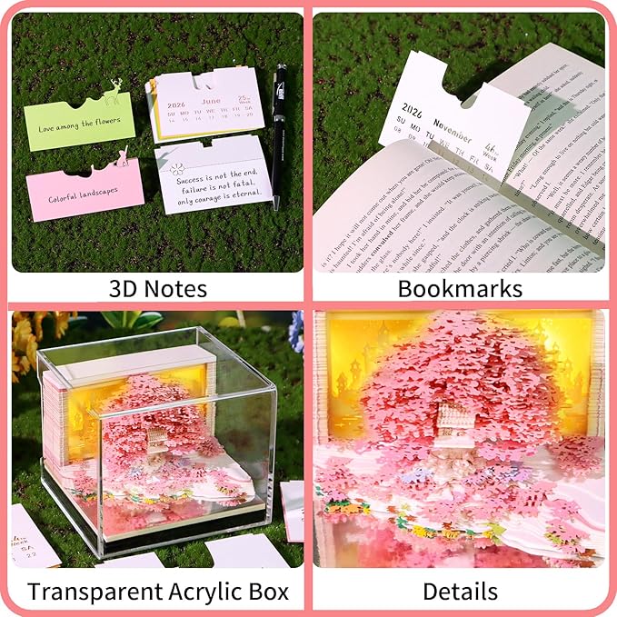 Time Piece Calendar 2026 Desk Calendar 3D Memo Pad Weekly Calendar Tear-Away Paper Carving Art Notepad Gift for Thanksgiving Christmas Office Desktop Decoration-Pink Flower Island
