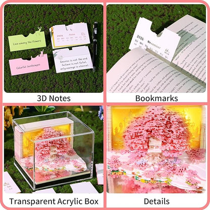 Time Piece Calendar 2026 Desk Calendar 3D Memo Pad Weekly Calendar Tear-Away Paper Carving Art Notepad Gift for Thanksgiving Christmas Office Desktop Decoration-Pink Flower Island
