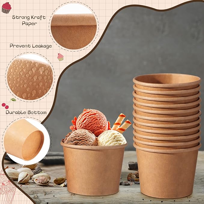 Honeydak 400 Pack 5 oz Kraft Paper Ice Cream Cups for Party Small Ice Cream Cups Disposable Treat Paper Cups Dessert Snacks Sundae Yogurt Container Wedding Birthday Party Supplies (150 ml/ 5 oz)