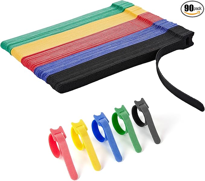 90 PCS Reusable Cable Ties with Hook and Loop, Multi-purpose Adjustable 8 Inch Cable Management Wire Ties Cable Straps for Organizing Home, Office and Data Centers (Multicolored)
