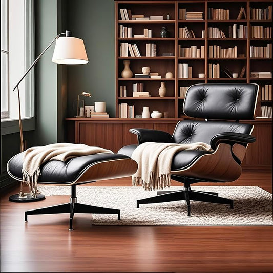 Mid Century Chaise Lounge Chair with Ottoman, Top Black Grain Leather, Modern Office Chair Classic Design, Heavy Duty Base Support for Living Room Study Lounge Office