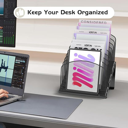 Inclined Desk File Organizer Metal Desk Magazine Folder Holder with 8-Section Vertical Compartments Rack File Organizer for Office, Home, School, Black